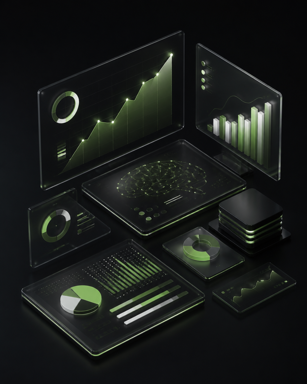 Ilustração de dashboards flutuantes com KPIs e crescimento